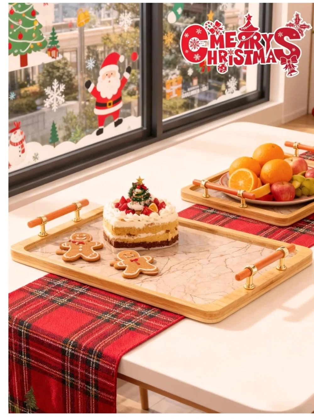Bamboo Serving Tray with Handles - Decorative Marble Pattern